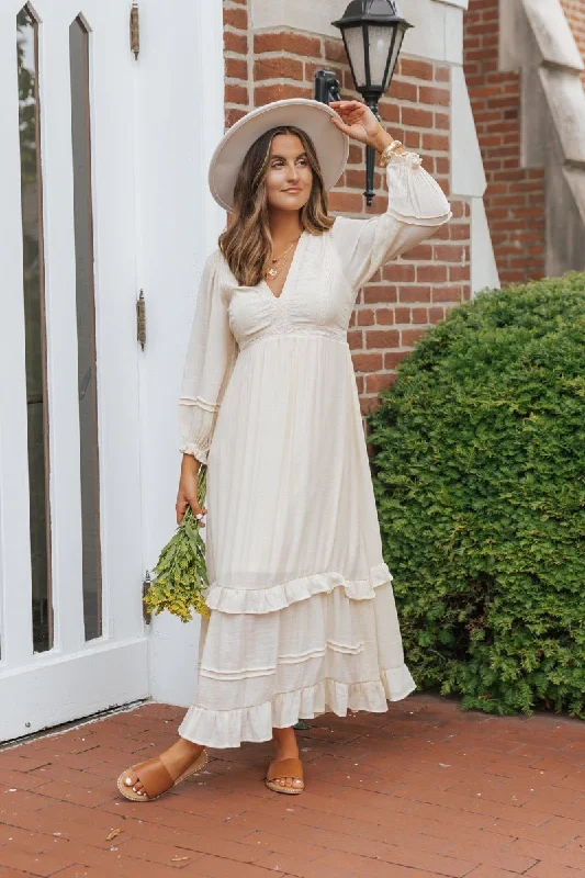 Natural Lace Embroidered Tiered Maxi Dress - FINAL SALE