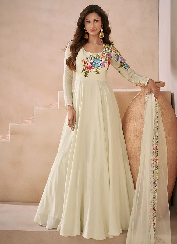 Off White Multi Embroidery Silk Anarkali Gown With Dupatta