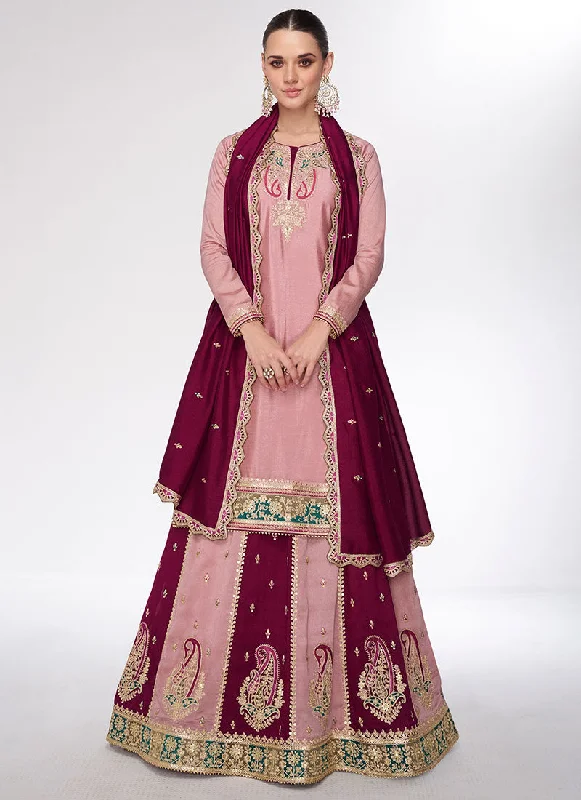 Pink Two Tone Multi Embroidery Lehenga Kurti And Dupatta