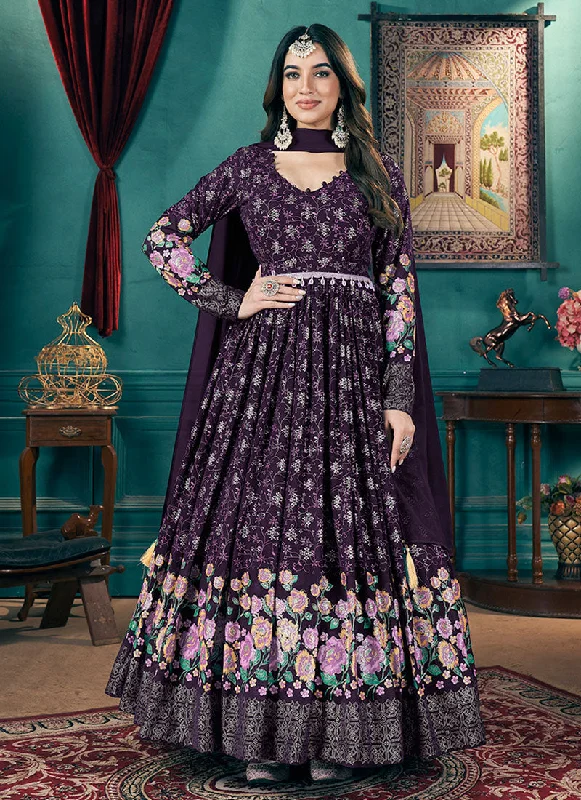 Purple Metallic Foil Work Embellished Anarkali Suit