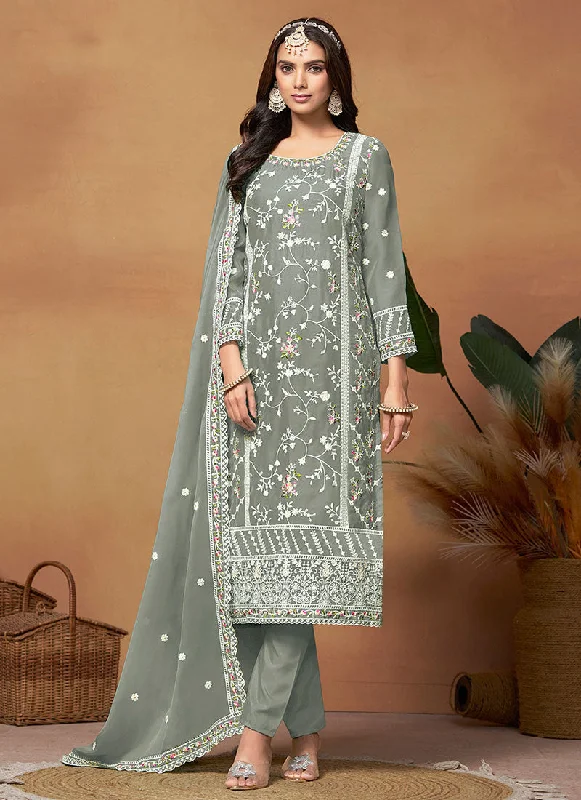 Sage Green Thread Embroidery Organza Salwar Suit