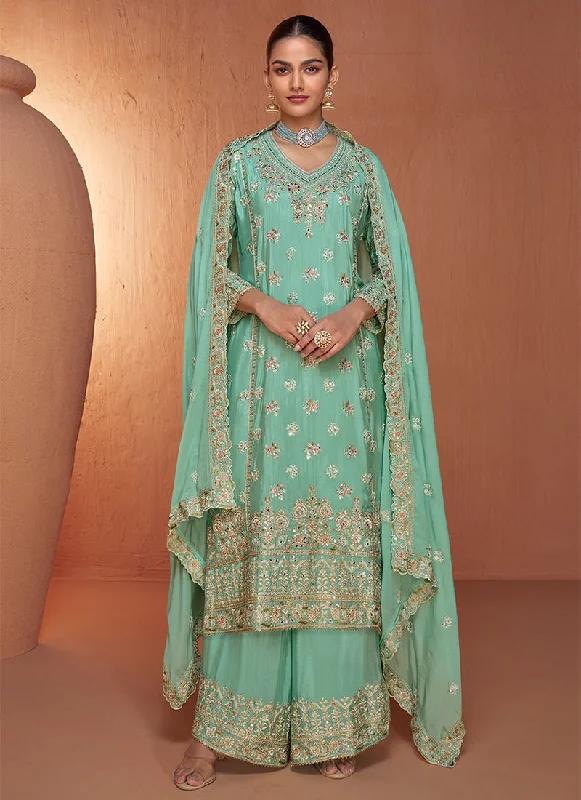 Sea Green Reshamkari Embroidery Festive Palazzo Suit