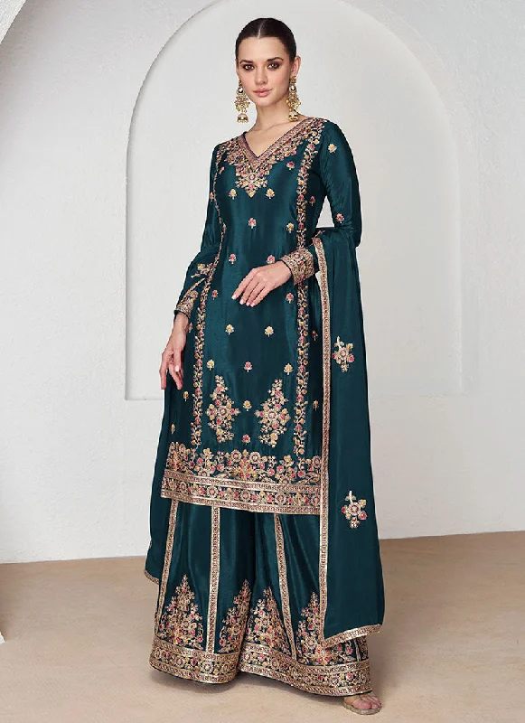 Turquoise Multi Embroidery Festive Palazzo Suit