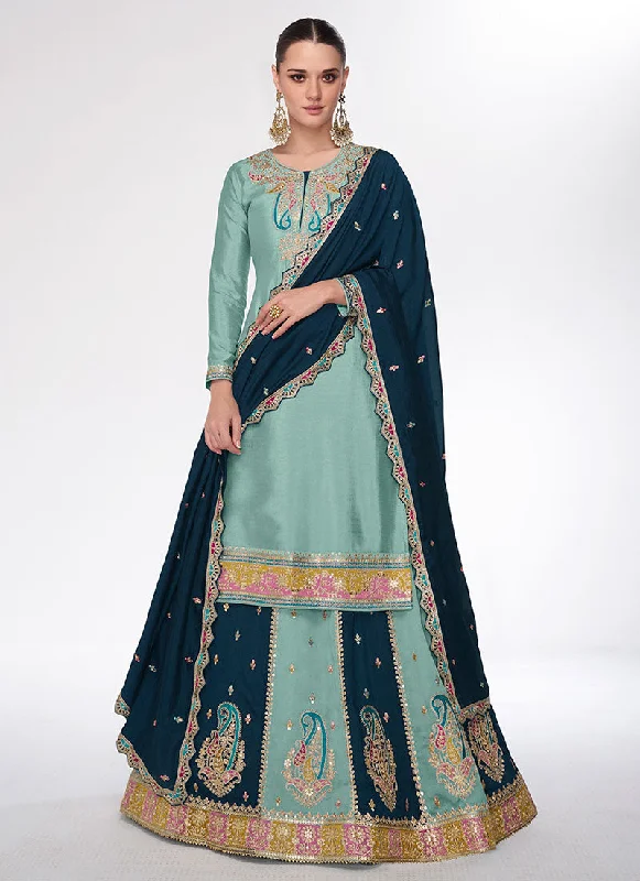 Turquoise Two Tone Multi Embroidery Lehenga Kurti And Dupatta