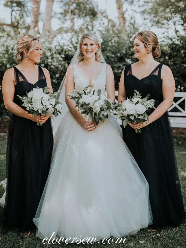 Black Tulle Sleeveless Sweetheart A-line Long Bridesmaid Dresses , CB0009