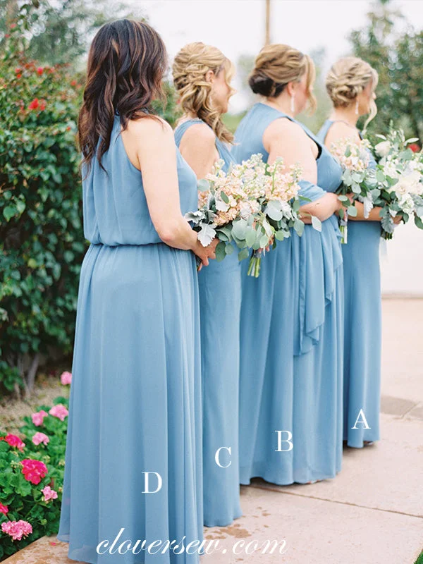 Blue Chiffon Mismatched Column Long Bridesmaid Dresses, CB0075