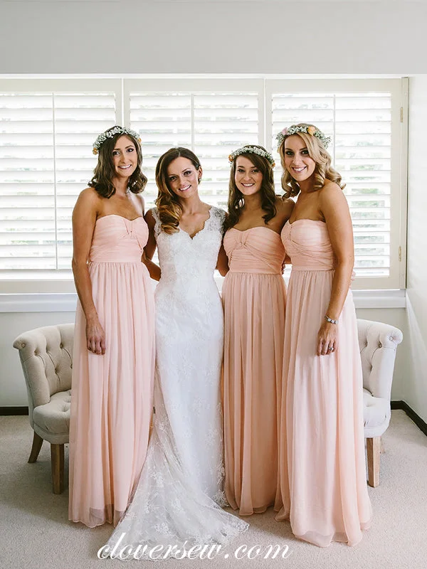 Blush Pink Chiffon Pleat Sweetheart Strapless Long Bridesmaid Dresses, CB0080