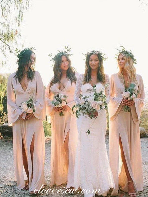 Boho Wedding Blush Pink Chiffon Long Sleeves Side Slit Bridesmaid Dresses, CB0094