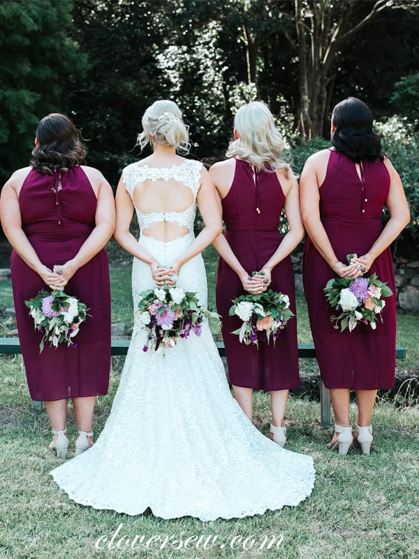 Burgundy Chiffon Sleeveless High Low Knee Length Bridesmaid Dresses, CB0033