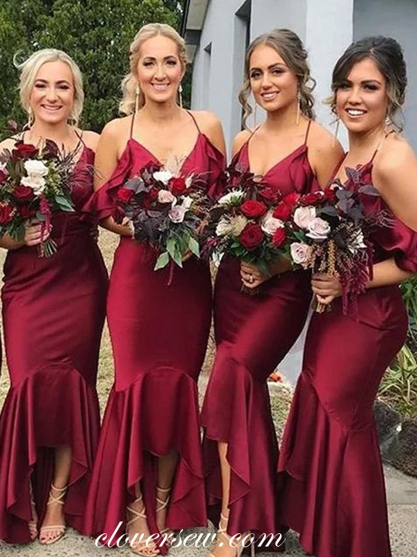 Burgundy Elastic Satin High Low Sheath Bridesmaid Dresses, CB0096