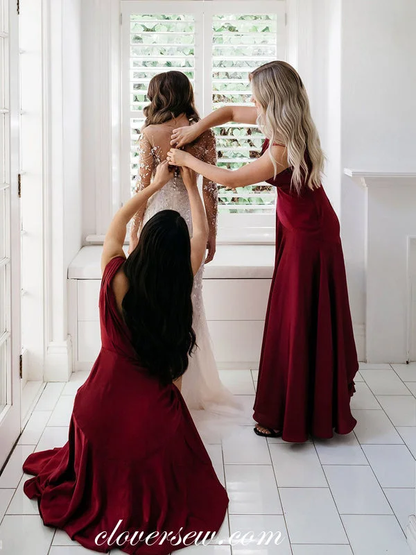 Burgundy Jersey Sleeveless Round Neck Long Bridesmaid Dresses, CB0014