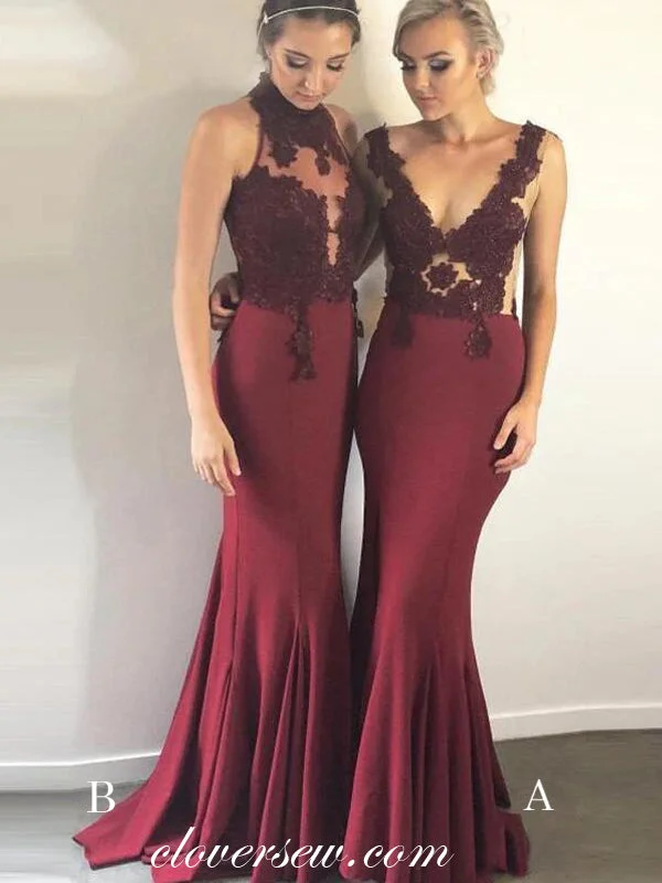 Burgundy Lace Applique Mismatched Mermaid Bridesmaid Dresses, CB0117