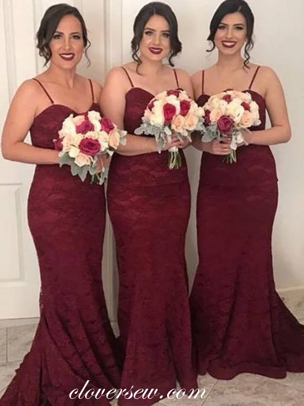 Burgundy Lace Spaghetti Strap Sheath Mermiad Bridesmaid Dresses, CB0092