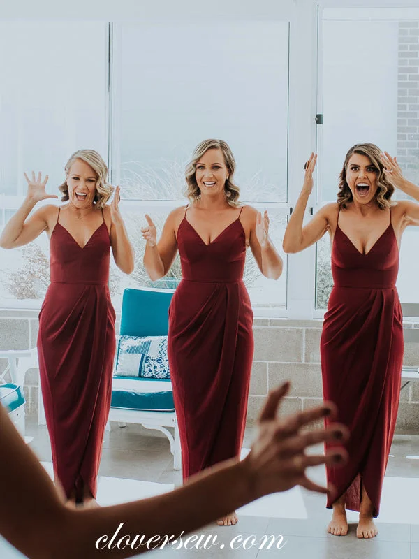 Burgundy Spaghetti Strap V-neck Sheath Long Bridesmaid Dresses, CB0041