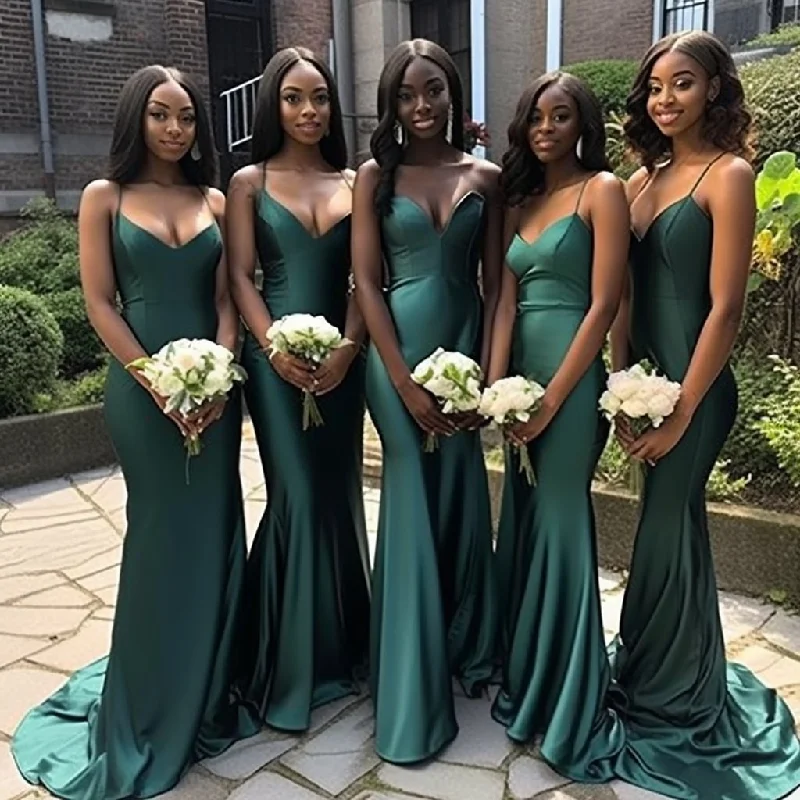 HB8109 - Deep V Stain Sexy Green Stain Sweep/Brush Train Spaghetti Straps Maxi Dresses Bridesmaid