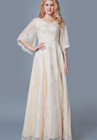 Elegant Bell Sleeve A-line Long Lace Dress With V-neck