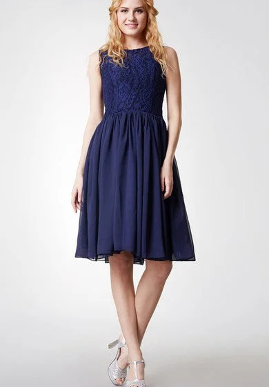 Glamorous Jewel Neck Pleated Knee Length Chiffon Dress With Satin Sash