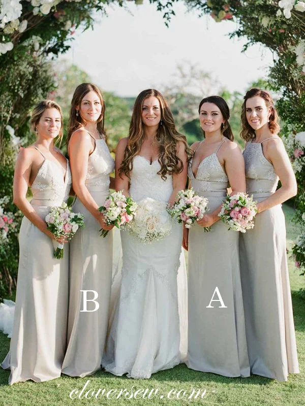 Grey Lace  Chiffon Spaghetti Strap Mismatched Long Bridesmaid Dresses , CB0016