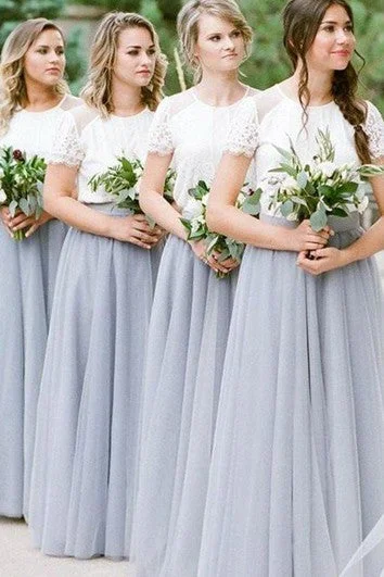 Lace Tulle Floor-length A Line Short Sleeve Modest Bridesmaid Dress with Pleats