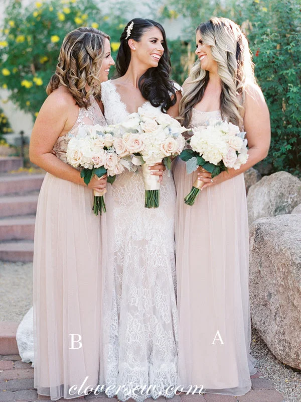 Light Blush Pink Tulle Lace Spaghetti Strap A-line Bridesmaid Dresses , CB0073