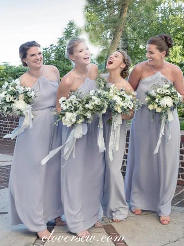 Light Dusty Blue Chiffon Halter Column Long Bridesmaid Dresses, CB0001