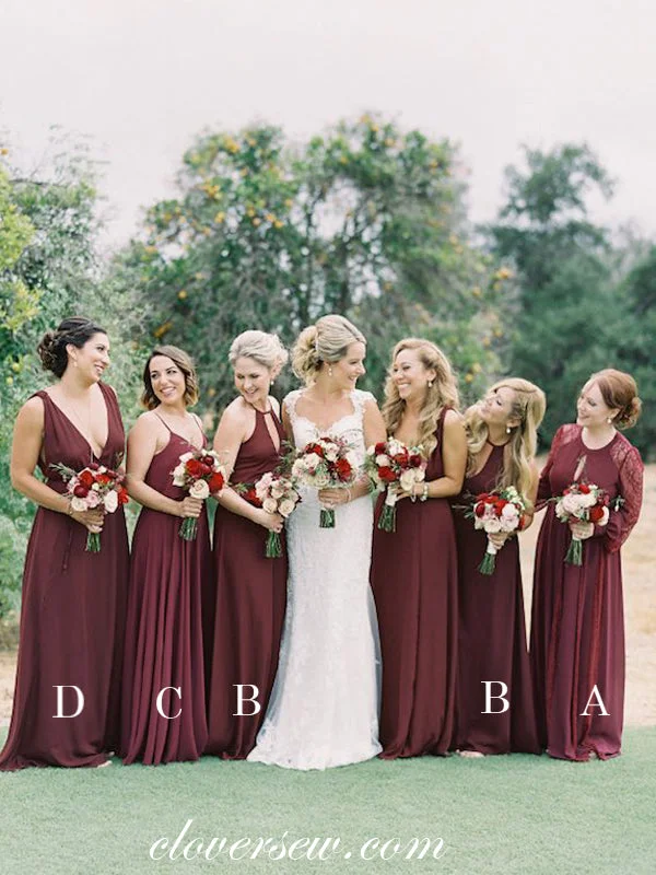 Maroon Chiffon Mismatched A-line Cheap Bridesmaid Dresses, CB0062