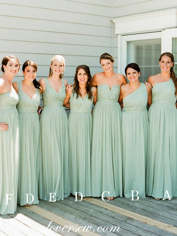 Mint Green Chiffon Pleating Mismatched Cheap Long Bridesmaid Dresses, CB0036