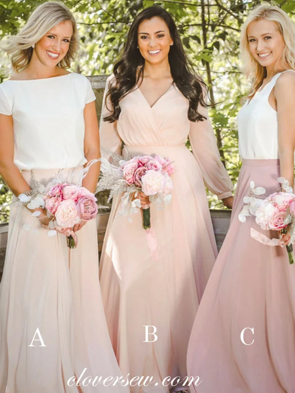 Mismatched Blush Pink Chiffon A-line Long Bridesmaid Dresses, CB0035