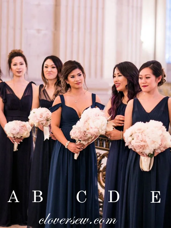 Navy Chiffon Mismatched A-line Long Bridesmaid Dresses, CB0005