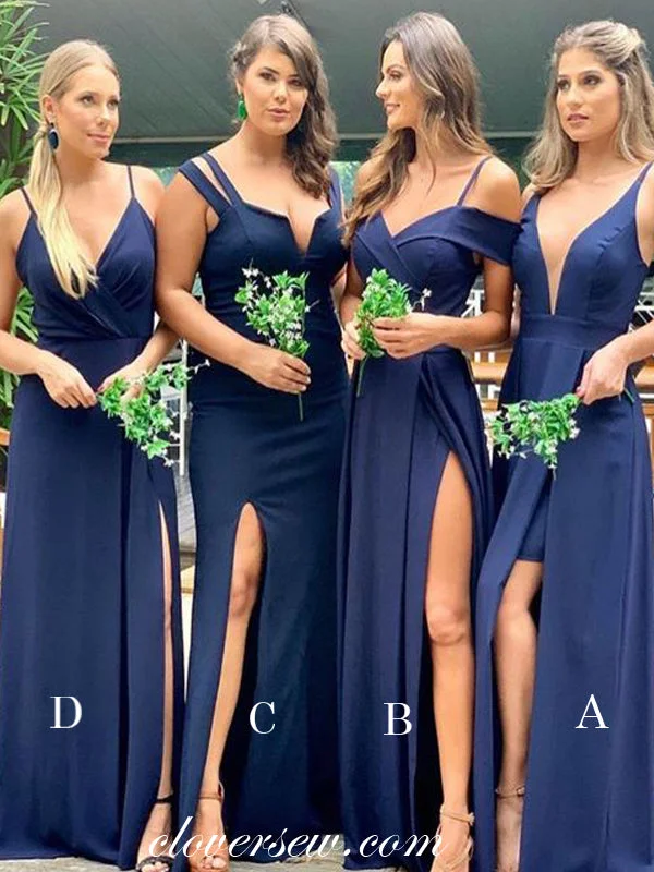 Navy Mismatched Side Slit Spaghetti Strap Column Bridesmaid Dresses, CB0089