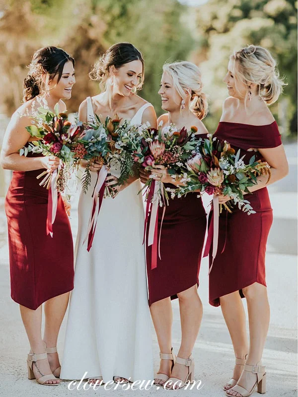 One Shoulder Burgundy Sheath High Low Knee Length Bridesmaid Dresses, CB0026