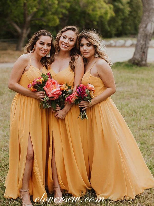 Orange Chiffon Mismatched Side Slit Cheap Long Bridesmaid Dresses, CB0047