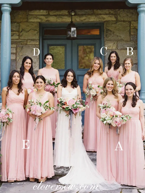 Pink Chiffon A-line Mismatched Cheap Long Bridesmaid Dresses, CB0029