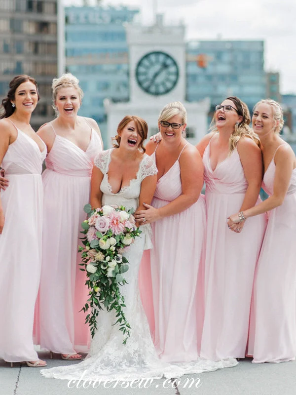 Pink Chiffon Spaghetti Strap V-neck Column Bridesmaid Dresses , CB0066