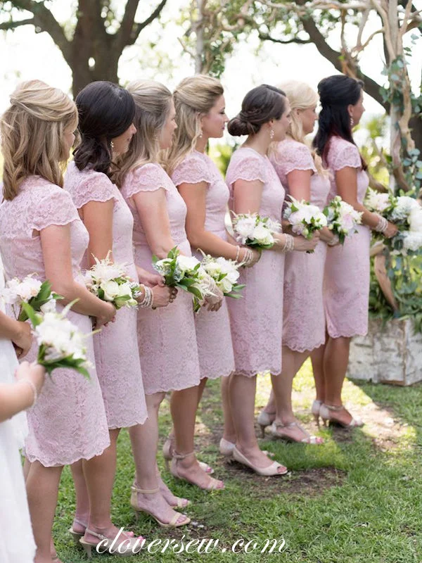 Pink Lace Cap Sleeves Sheath Knee Length Bridesmaid Dresses, CB0079