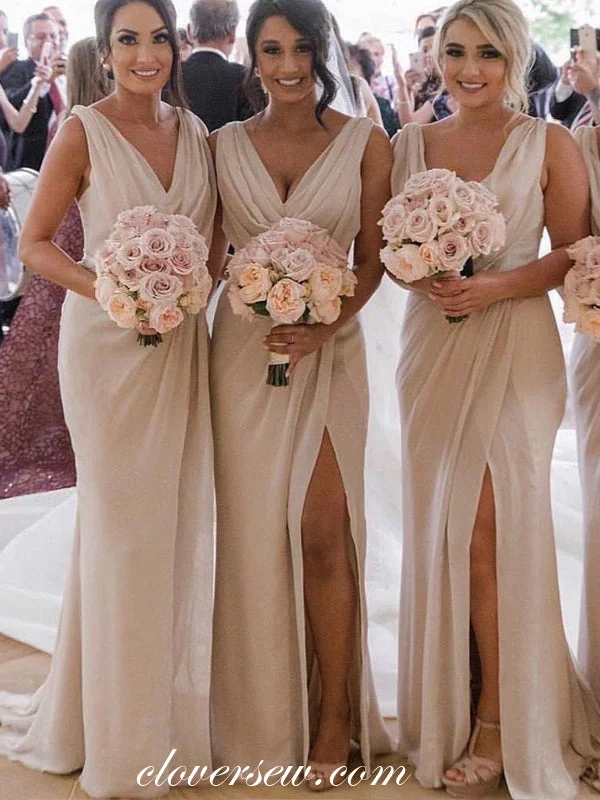 Pleat Chiffon V-neck Sleeveless Side Slit Bridesmaid Dresses,CB0103