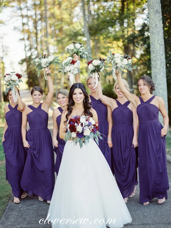 Purple Chiffon Sleeveless Column Long Bridesmaid Dresses, CB0086