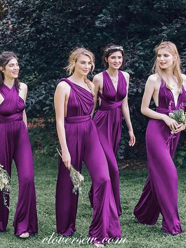 Purple Jersey Convertible Jumpsuit Long Bridesmaid Dresses,CB0106