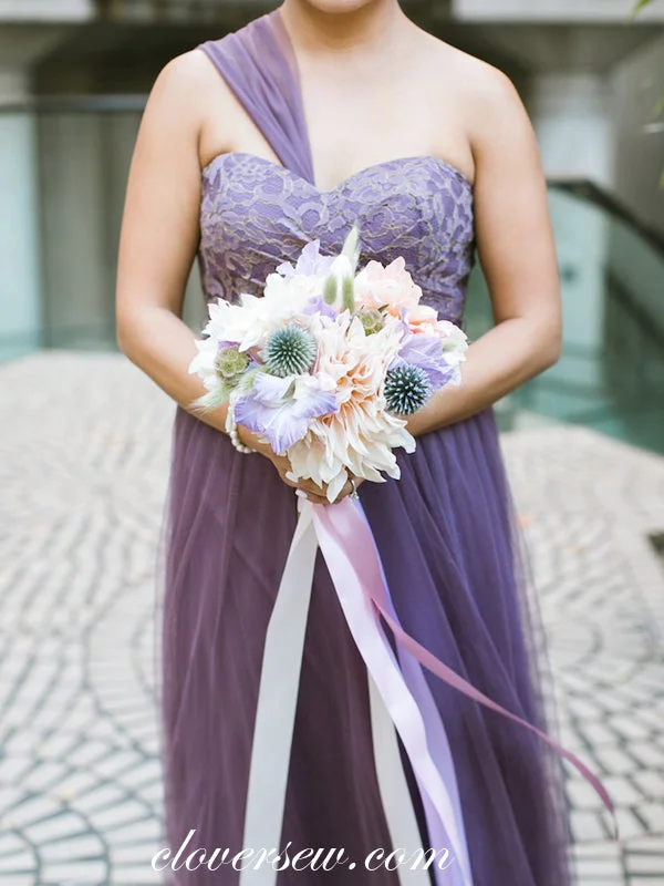 Purple Lace Tulle Mismatched Sweetheart Long Bridesmaid Dresses, CB0074