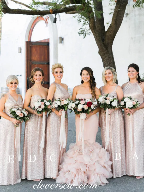 Rose Gold Sequin Mismatched Column Long Bridesmaid Dresses , CB0061