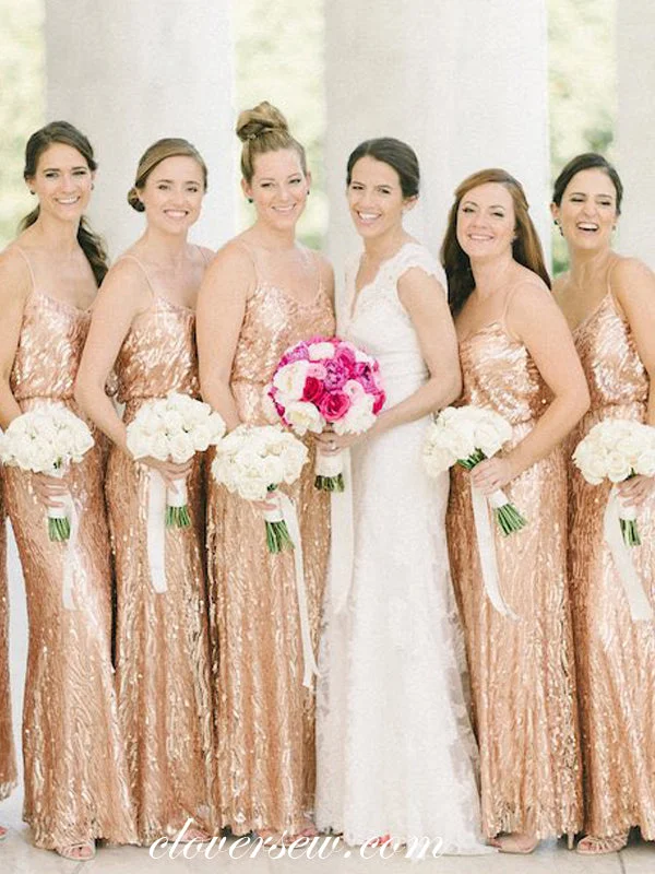 Rose Gold Sequin Spaghetti Strap Column Long Bridesmaid Dresses, CB0006