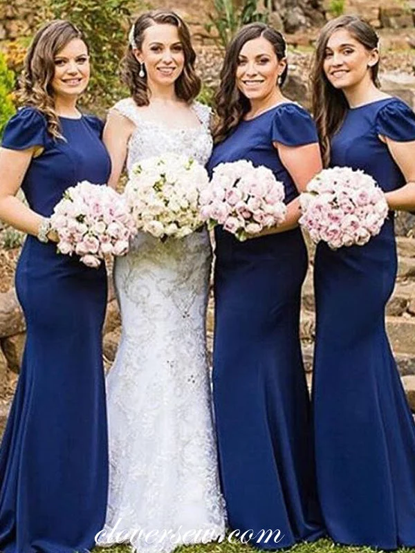 Royal Blue Jersey Cap Sleeves Mermaid Bridesmaid Dresses, CB0095