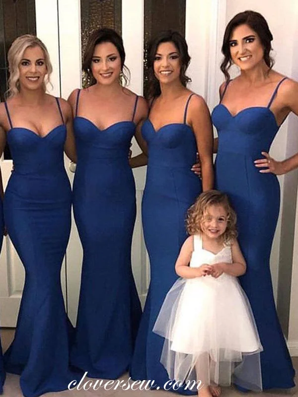 Royal Blue Satin Spaghetti Strap Mermaid Bridesmaid Dresses,CB0101