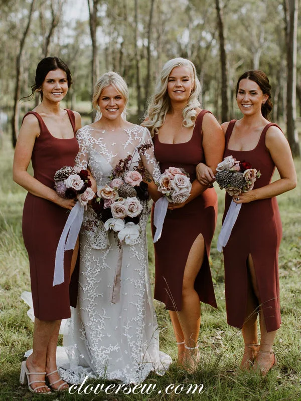 Rust Red Jersey Square Neck Sheath Knee Length Bridesmaid Dresses, CB0043