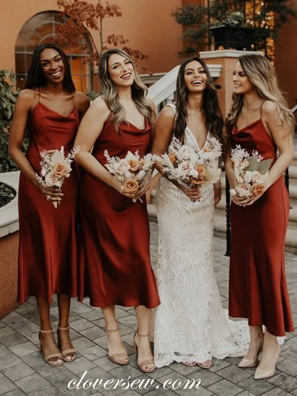 Rust Red Spaghetti Strap Open Back Tea Length Bridesmaid Dresses,CB0166