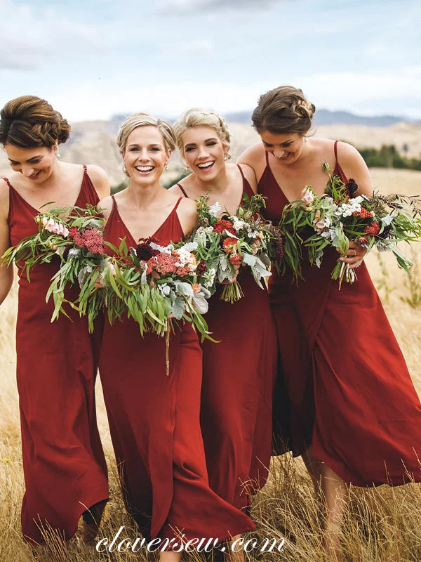 Rust Red Spaghetti Strap V-neck Column Long Bridesmaid Dresses, CB0011