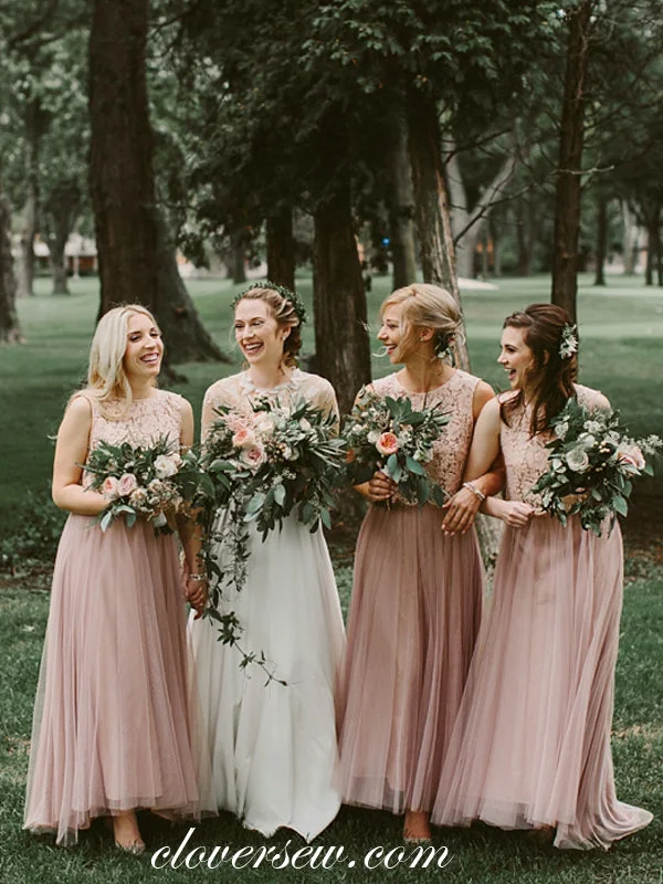 Two Piece Pink Lace Tulle A-line Bridesmaid Dresses, CB0085