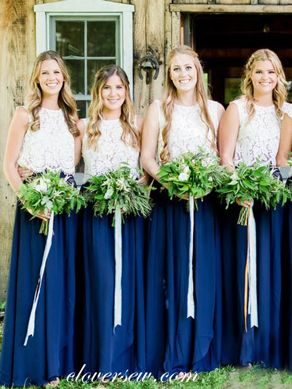 Two Piece White Lace Royal Blue Chiffon Long Bridesmaid Dresses, CB0002