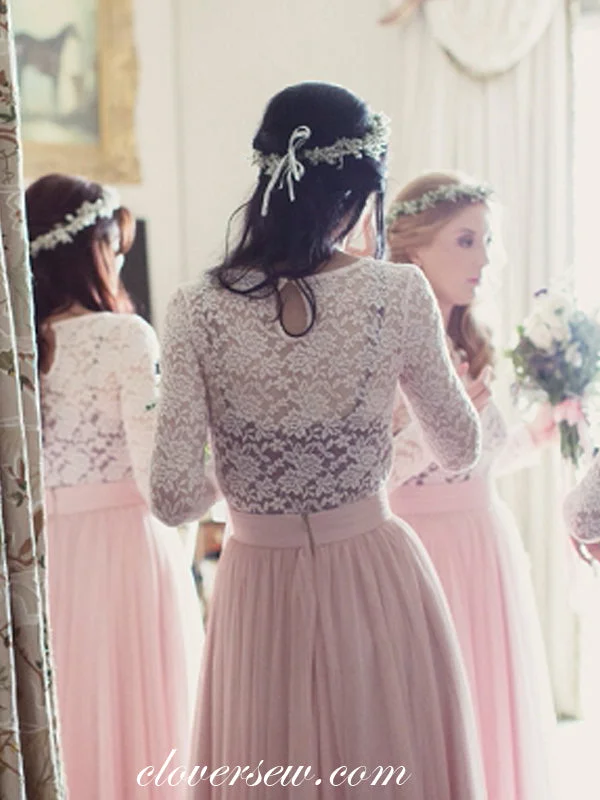 White Lace Pink Tulle Long Sleeves A-line Bridesmaid Dresses, CB0055