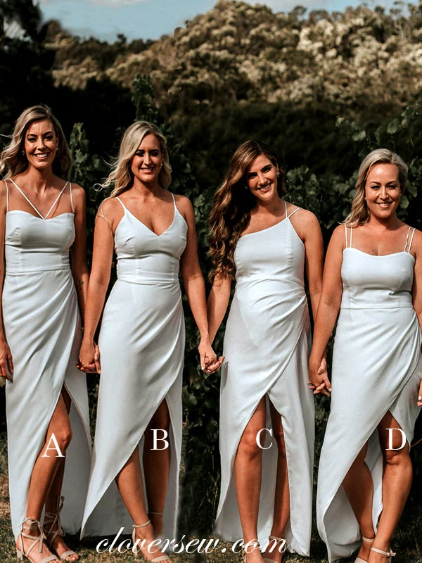 White Satin Chiffon Mismatched Spaghetti Strap High Low Long Bridesmaid Dresses, CB0049